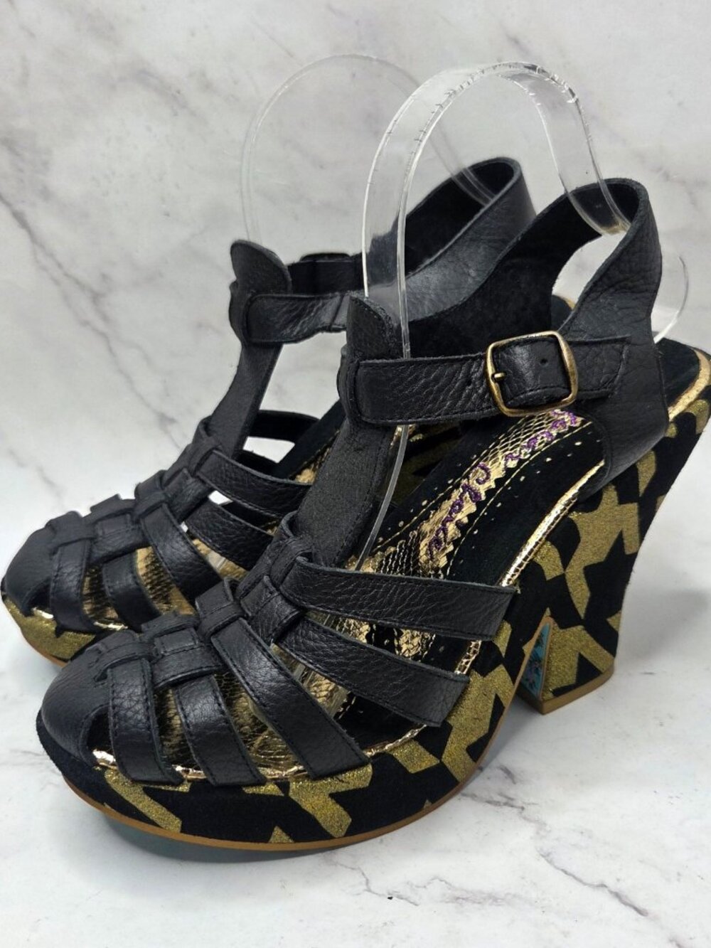 Irregular Choice Gold Black Platform Heels Leather Strappy Women's 9